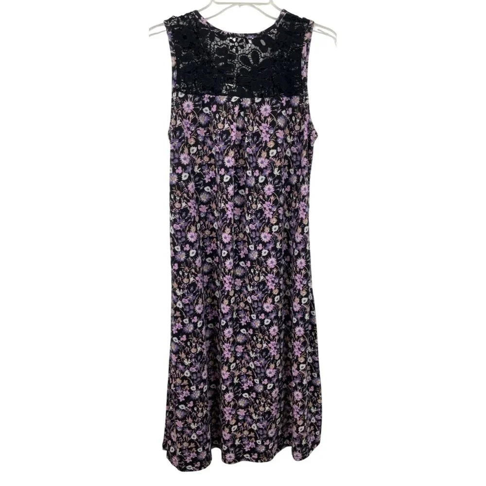 Yozly Womens Size Medium Black Purple Floral Tank Dress Pockets - Picture 2 of 11